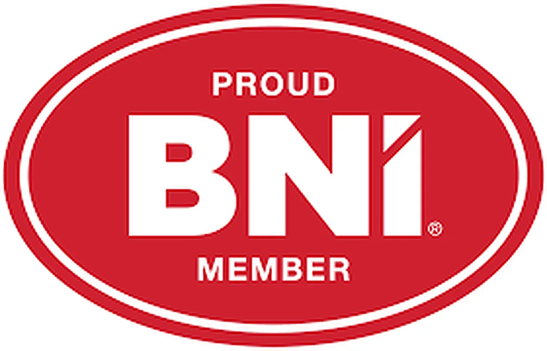 Red oval badge with white text reading 'Proud BNI Member'.
