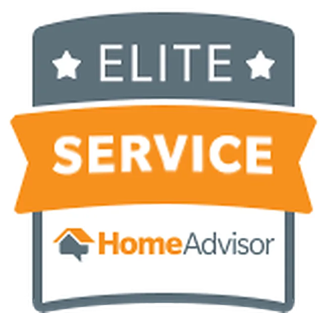 A badge with a gray background and orange banner reading 'Service', alongside white text 'Elite' at the top, and a HomeAdvisor logo at the bottom.