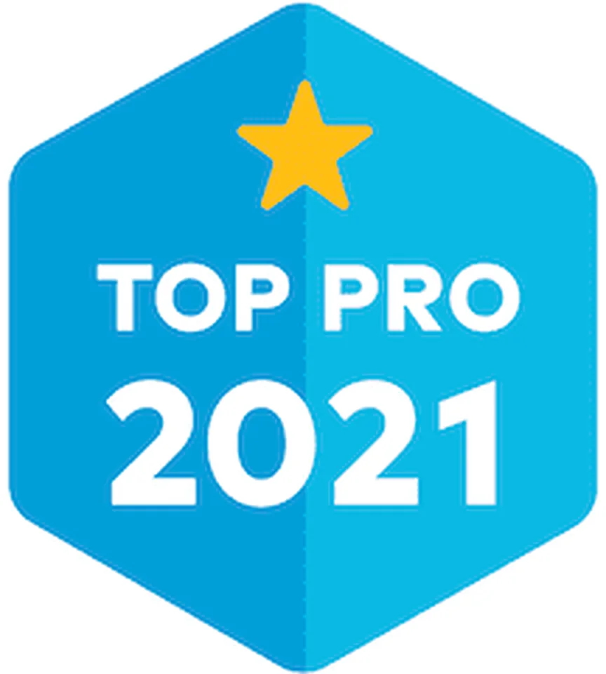 Blue badge with a yellow star and white text that reads 'Top Pro 2021'.