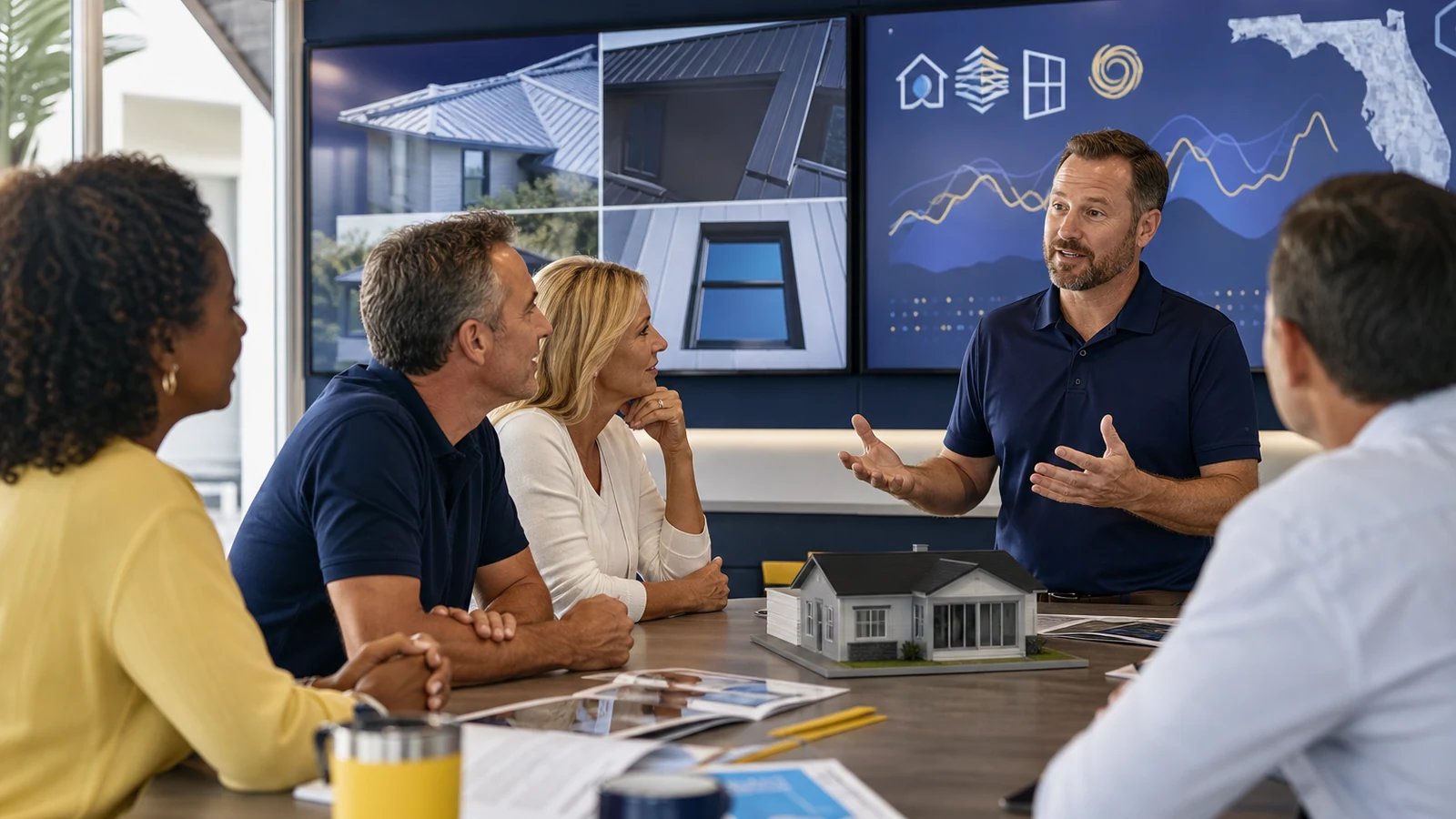 a modern, sleek office space showcases a diverse group of homeowners engaged in an animated discussion around wind mitigation strategies, with visual charts and graphs displayed prominently on digital screens highlighting significant cost savings.