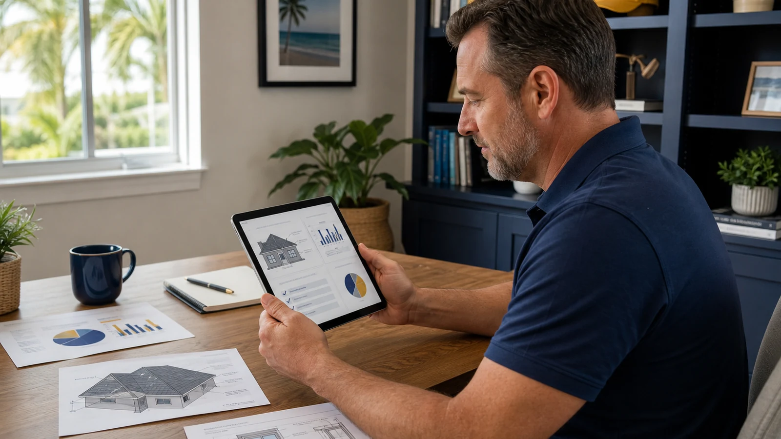 a modern home office scene features a focused homeowner reviewing a detailed wind mitigation inspection report on a sleek digital tablet, surrounded by charts and documents that highlight cost-effective upgrades for enhancing home safety and maximizing insurance savings. a modern home office scene features a focused homeowner reviewing a detailed wind mitigation inspection report on a sleek digital tablet, surrounded by charts and documents that highlight cost-effective upgrades for enhancing home safety and maximizing insurance savings.