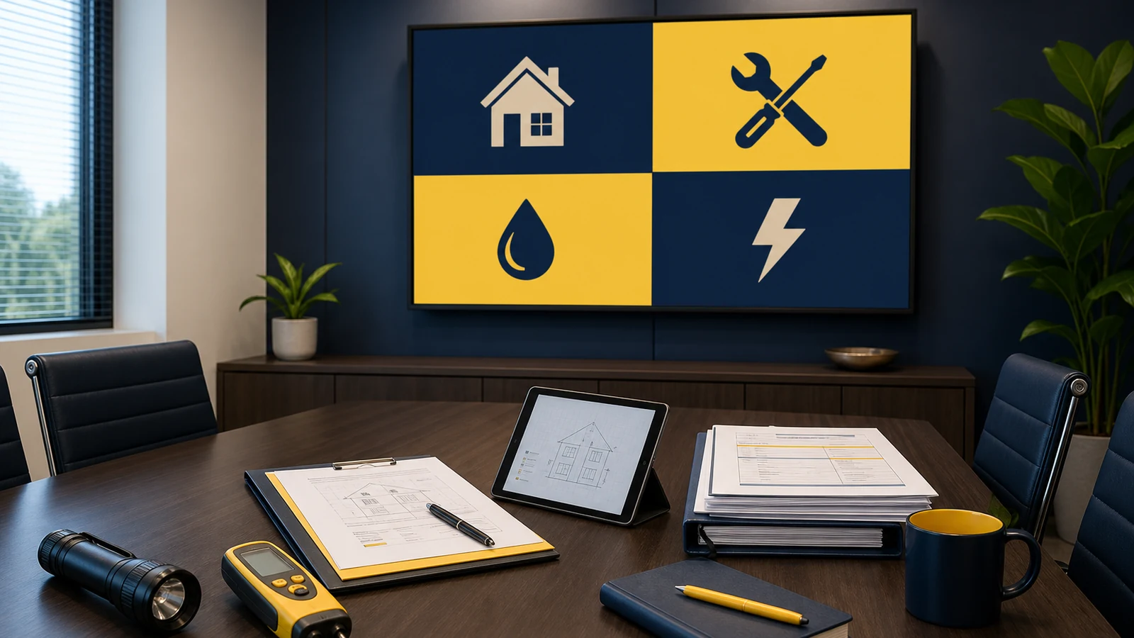 a polished, modern office conference room features a well-organized table with documents and a large screen displaying a visually engaging infographic on 4-point inspections, highlighting key questions and insights about home insurance, illuminated by sleek overhead lights.