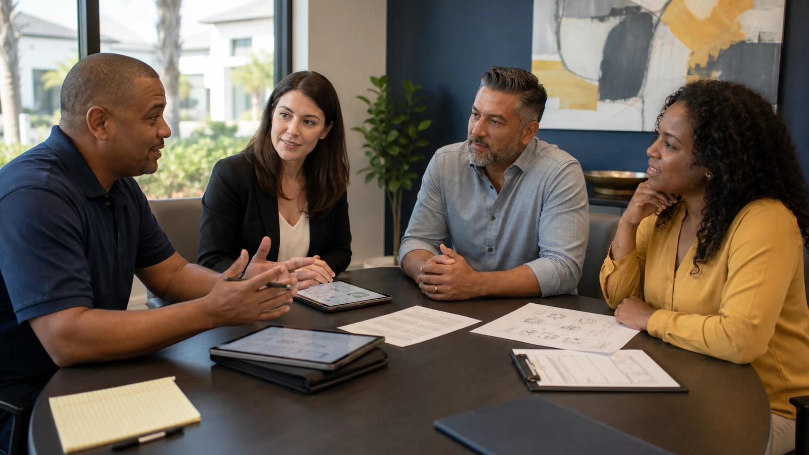 a modern office space features a sleek conference table surrounded by professional individuals engaging in a dynamic discussion about key components of a 4-point inspection, with detailed reports and digital tablets illustrating insurance impacts prominently displayed.