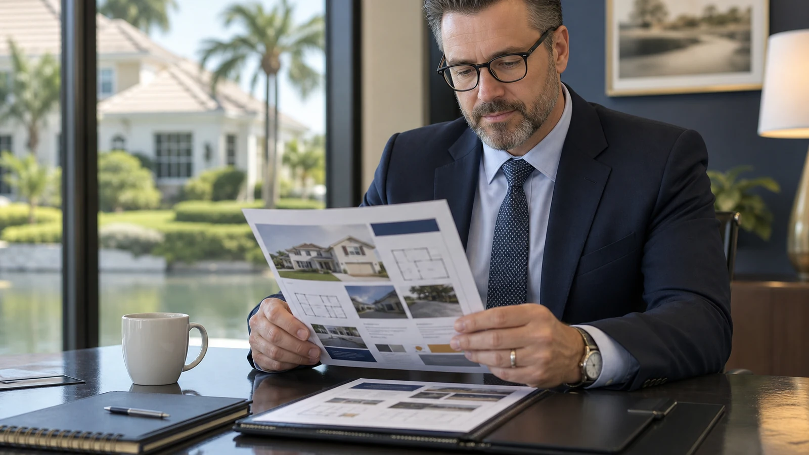a sleek, modern office space features an insurance agent seated at a polished desk, intently reviewing a detailed report on home inspections, illuminated by the warm glow of stylish ambient lighting that emphasizes the professionalism of the insurance industry.