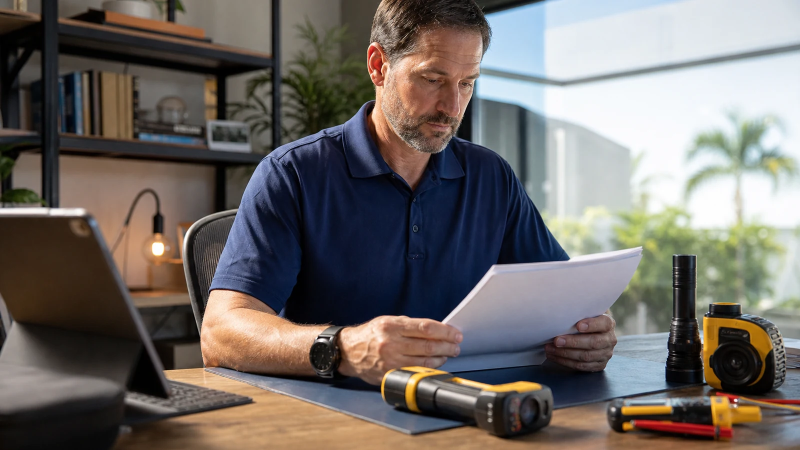 a sharply designed urban office setting showcases a confident home inspector reviewing detailed inspection reports, highlighting professionalism and expertise in a modern workspace filled with relevant tools and equipment.