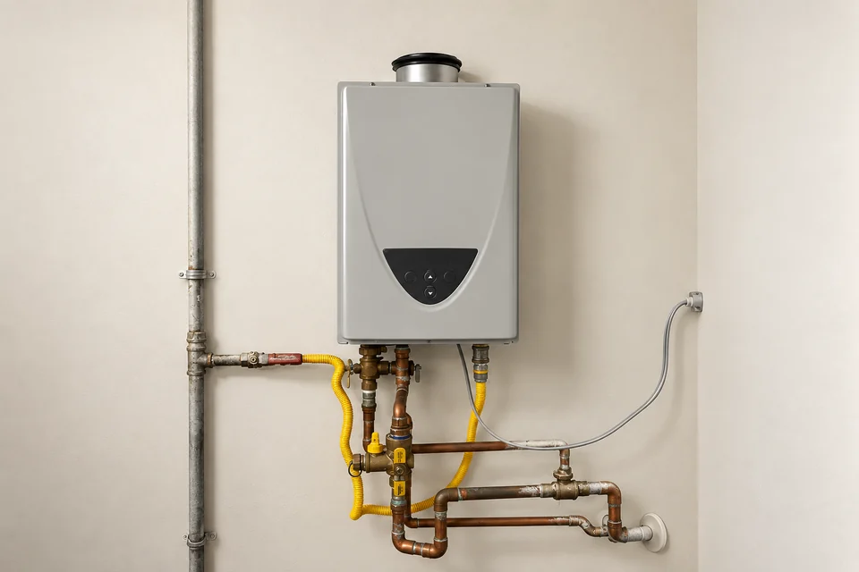 AI-anonymized illustration of a gas water heater with an open exhaust collar and no connected vent pipe