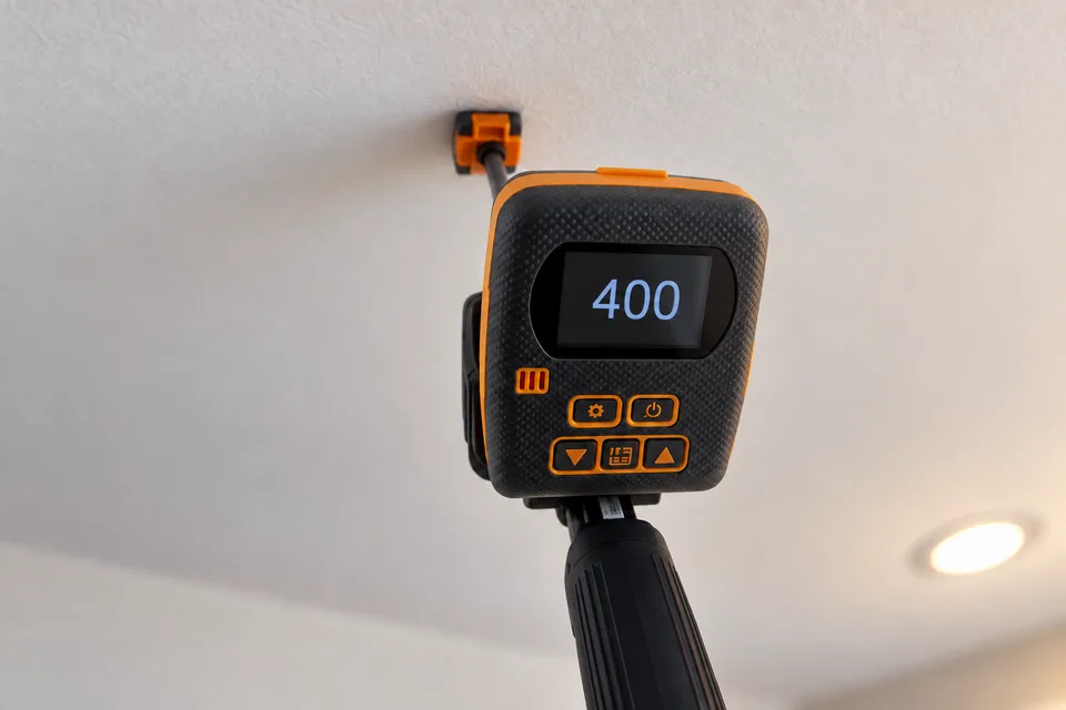 AI-anonymized illustration of a ceiling moisture check showing the original meter reading of 400