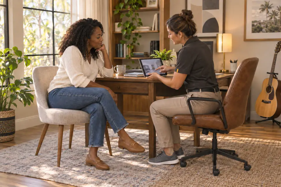 Illustrative scene: A homeowner and inspector reviewing an iPad together in a sunlit home office