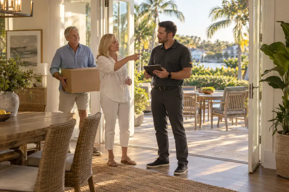 Illustrative scene: Homeowners preparing to move discuss their home with an inspector holding an iPad beside open patio doors