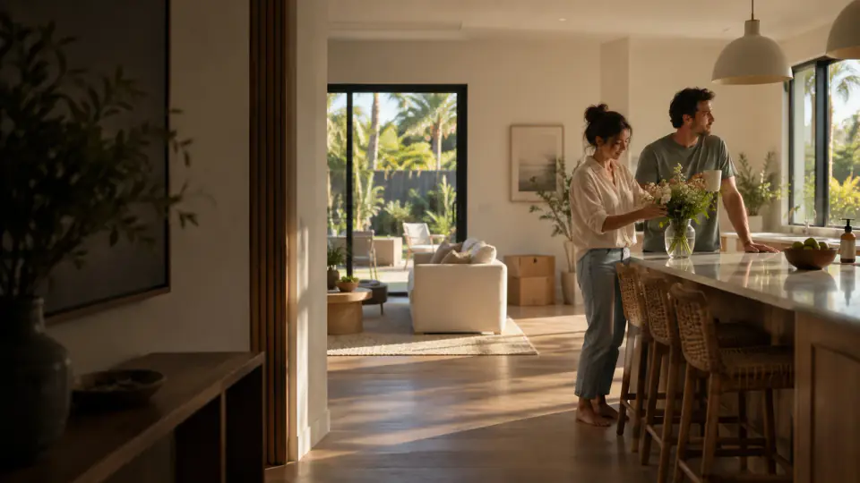 Illustrative scene of a couple picturing life in their new Florida home